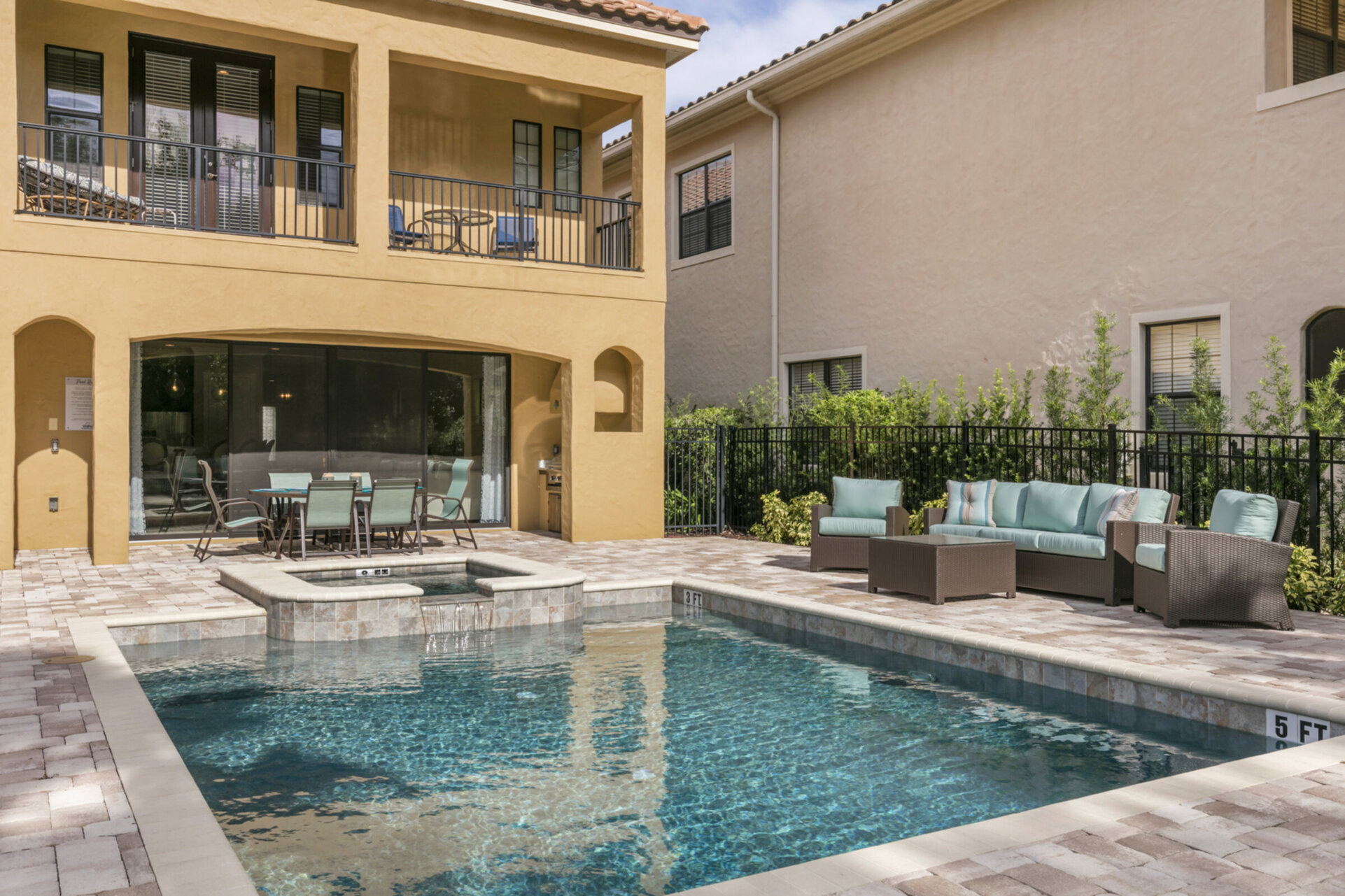 The patio has plenty of seating for your family