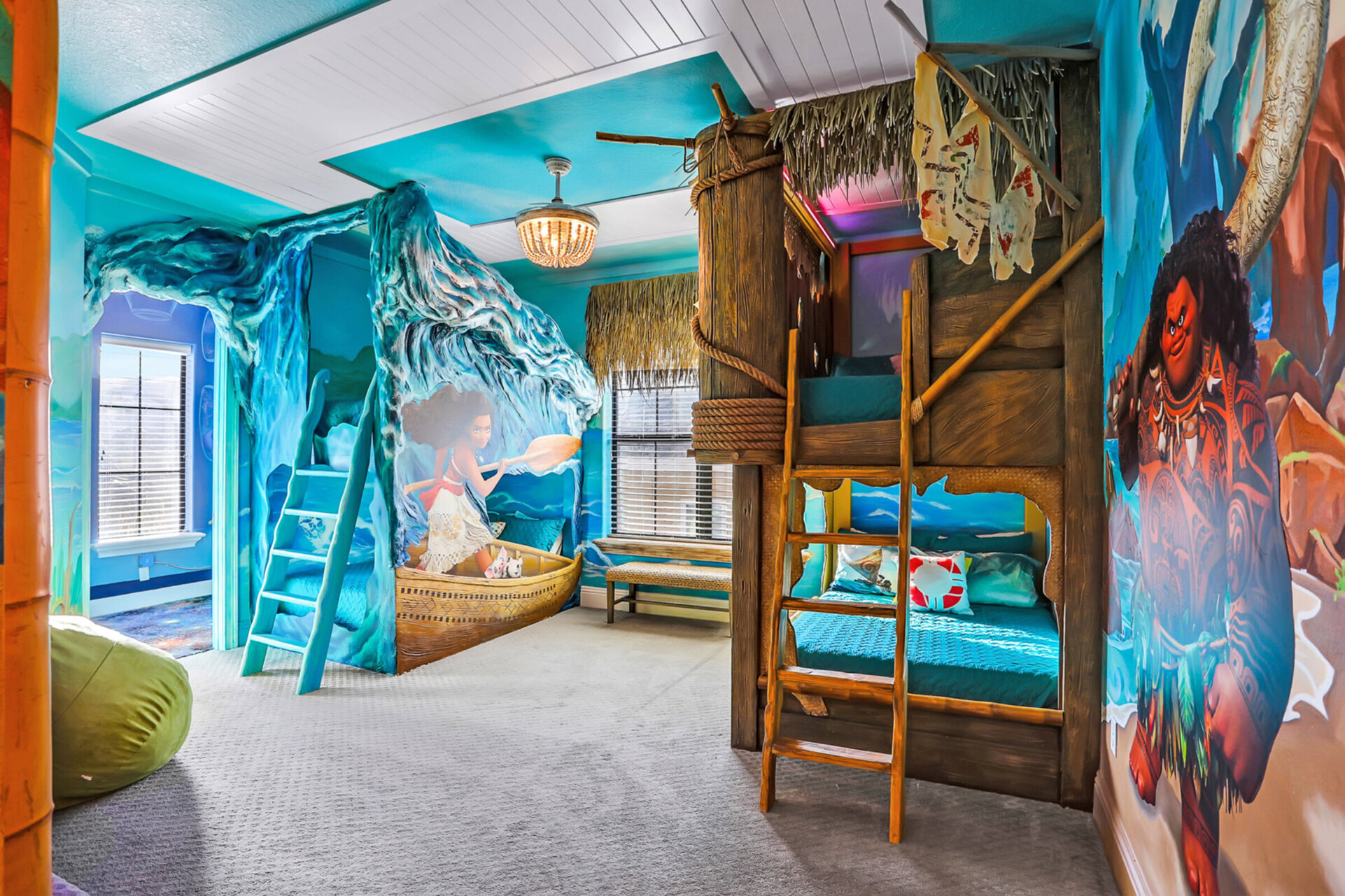 The custom kids bedroom has two sets of full/twin bunk beds