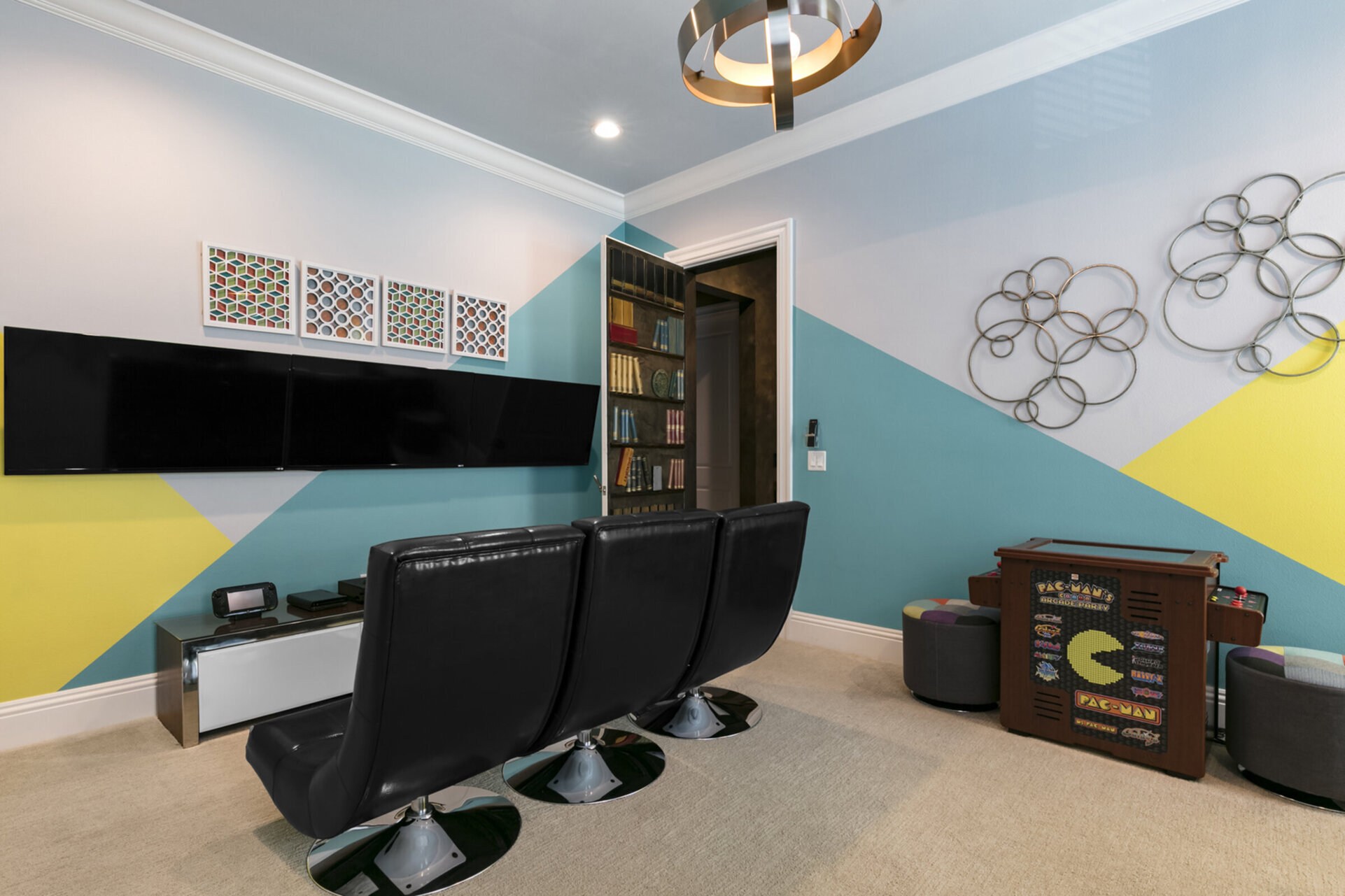 The kids` zone features 3- 43-inch SMART TV, Wii U, PlayStation 4, and Xbox One