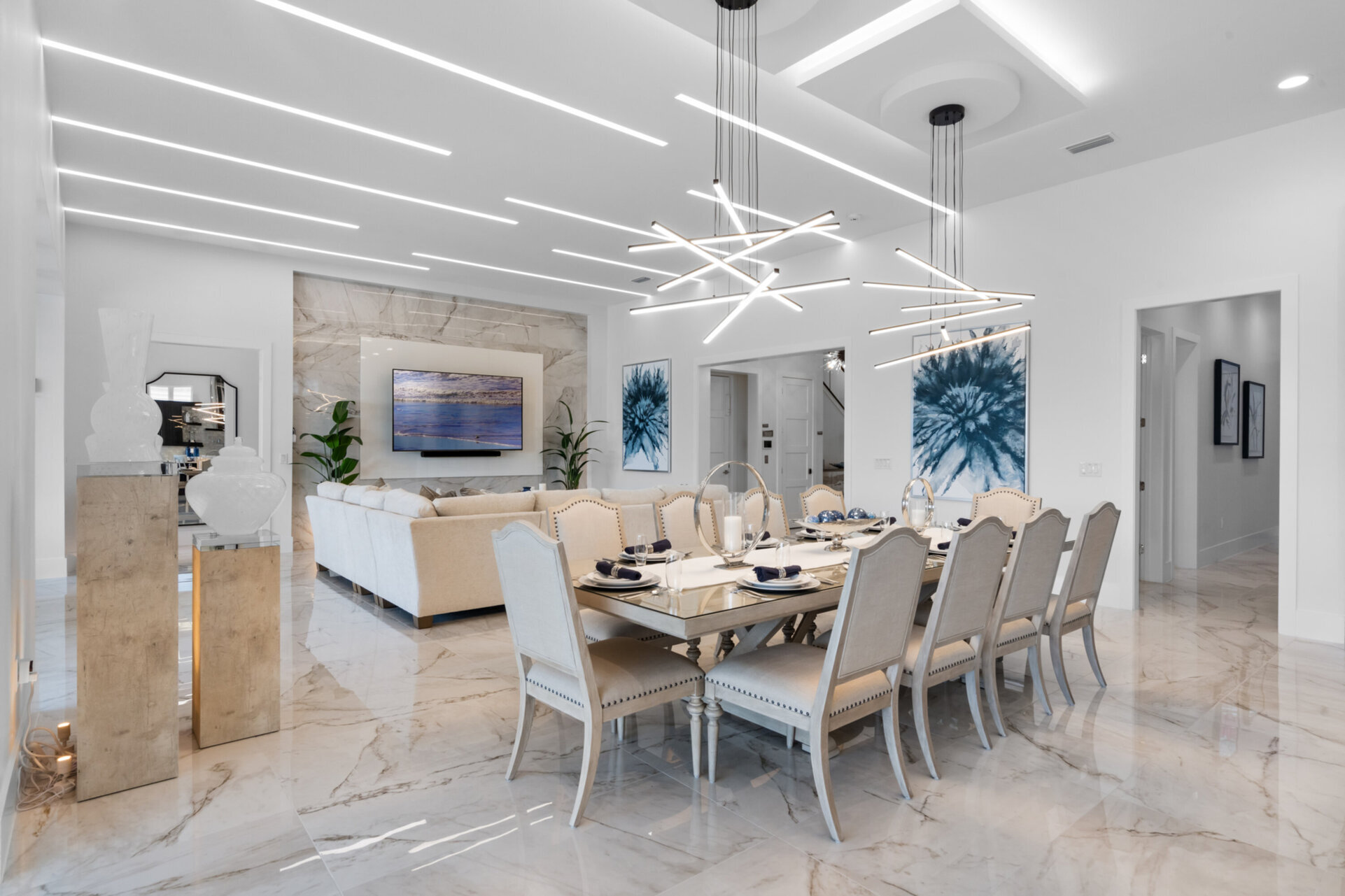 Dine in style at the formal dining table, which comfortably seats 10 guests for any occasion