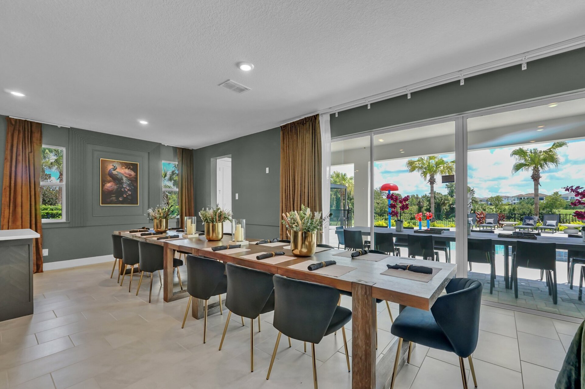 A formal dining area seating 14 people.