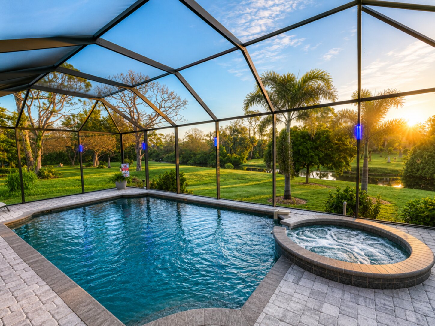 Sparkling pool & spa overlooking canal. Pool size: 22' x 14' x 6'. Spa seats 6