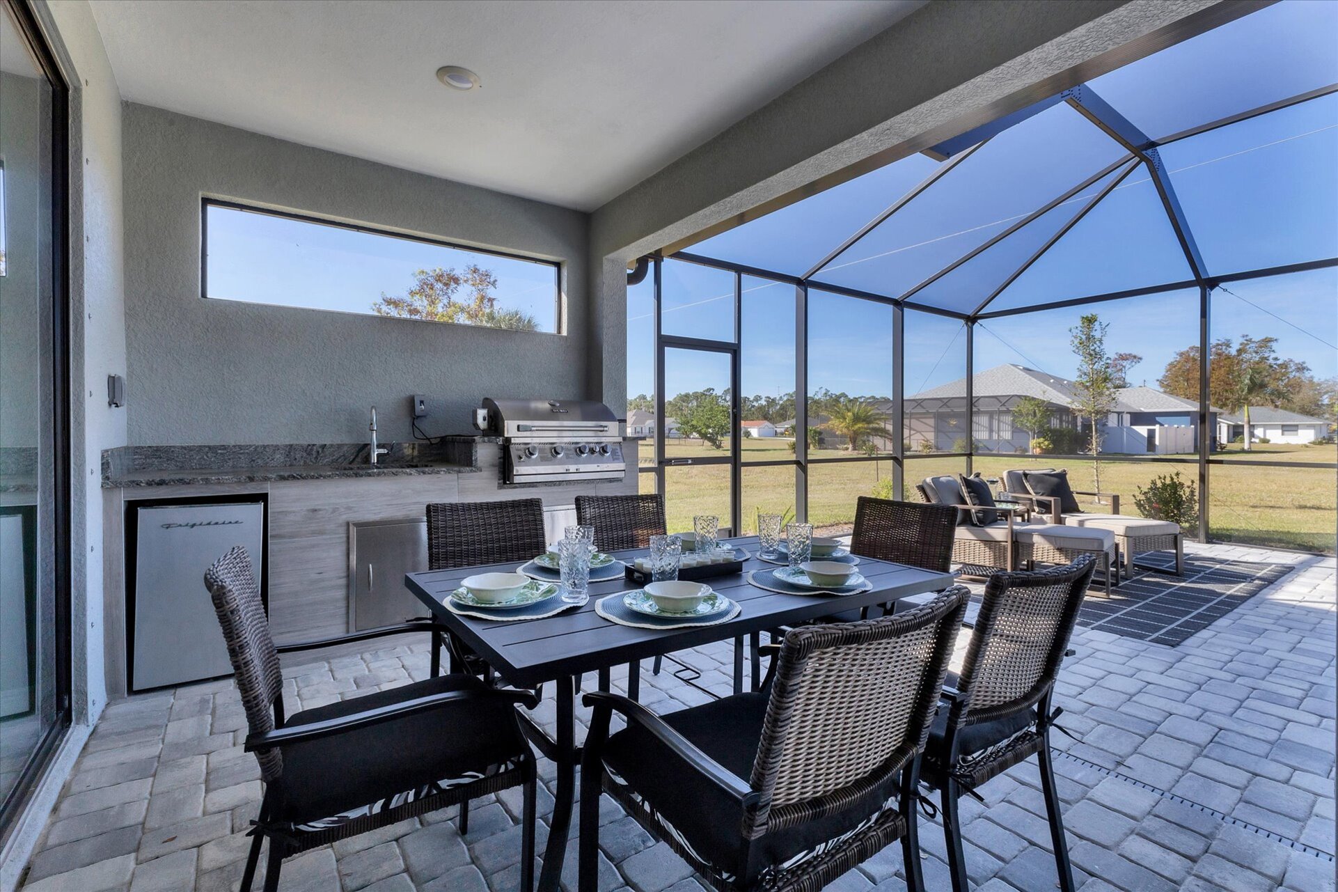 Spacious lanai with private pool. Lanai also features a table top fire pit, outdoor kitchen, sun loungers and dining table that seats 6