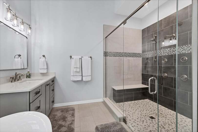 Primary en suite with large walk-in shower, soaking tub, and double vanities